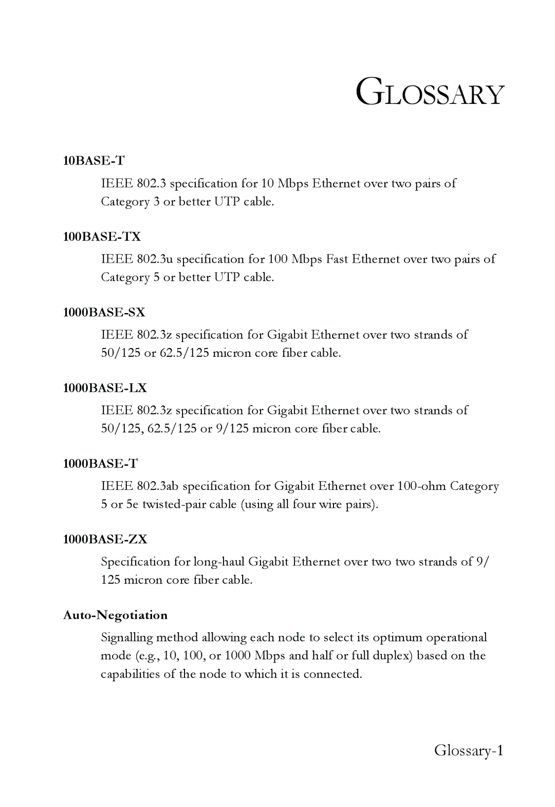 SMC Networks SMC8624T manual Glossary-1, 1000BASE-T, Auto-Negotiation 