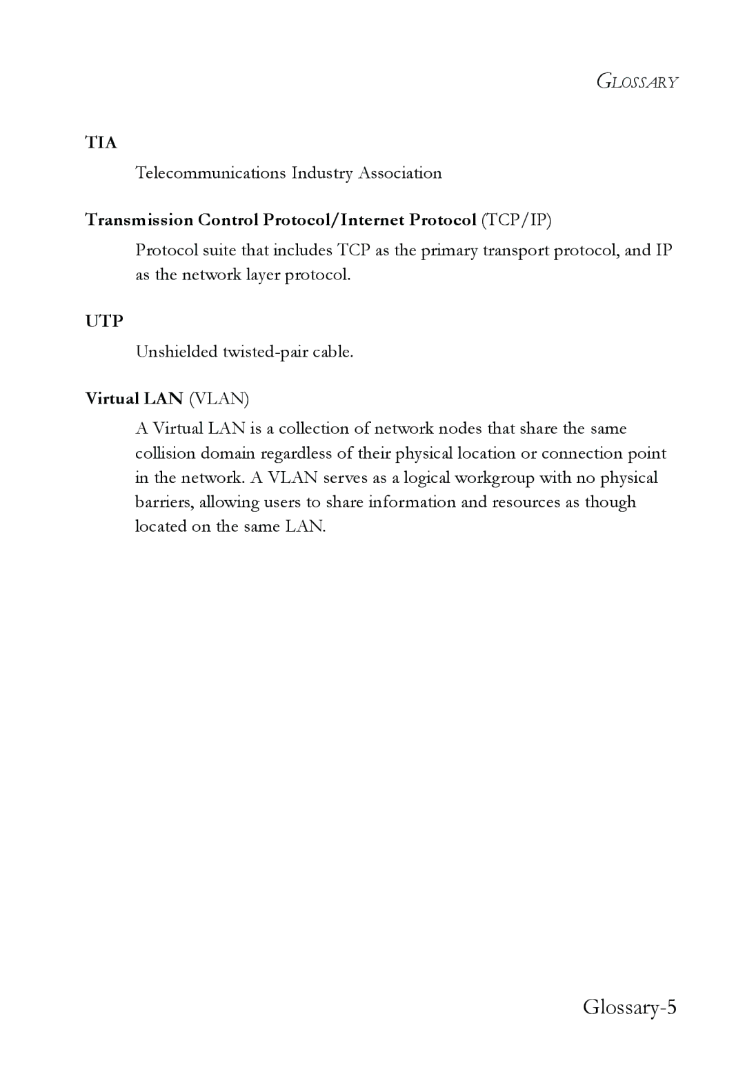 SMC Networks SMC8624T manual Glossary-5, Transmission Control Protocol/Internet Protocol TCP/IP, Virtual LAN Vlan 