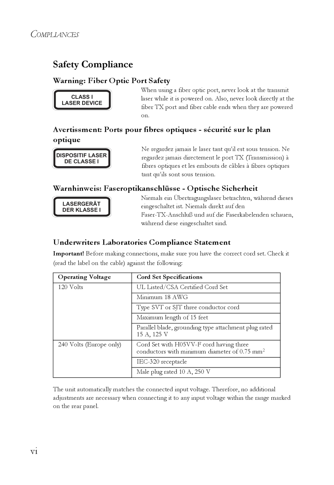 SMC Networks SMC8624T manual Safety Compliance, Warnhinweis Faseroptikanschlüsse Optische Sicherheit 