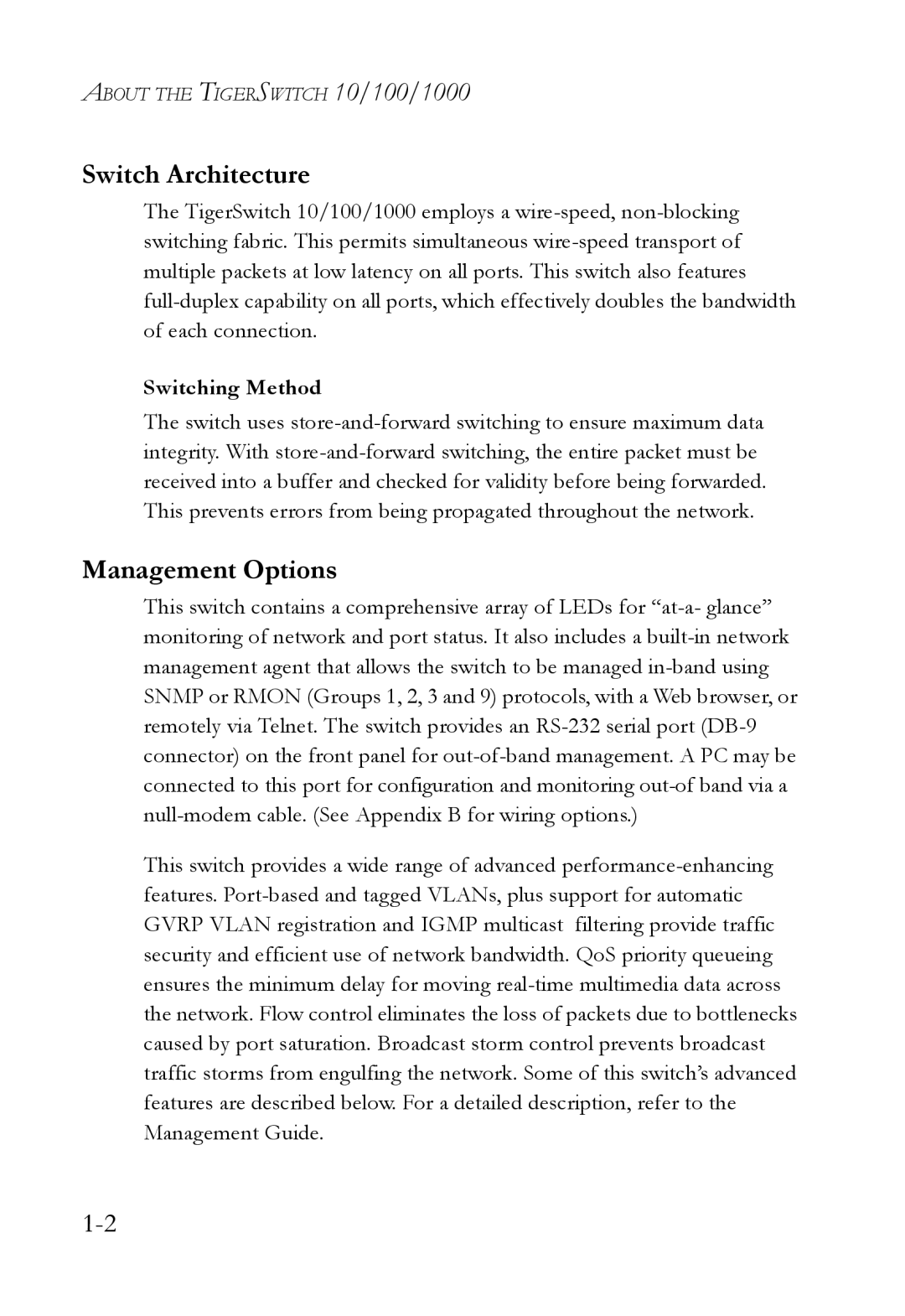 SMC Networks SMC8624T manual Switch Architecture, Management Options, Switching Method 