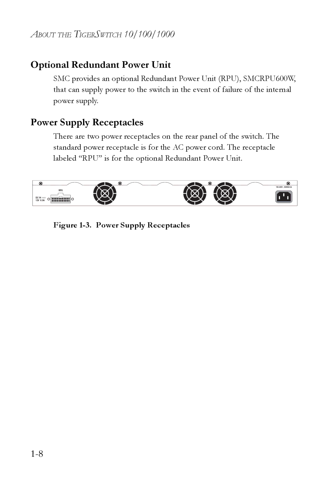 SMC Networks SMC8624T manual Optional Redundant Power Unit, Power Supply Receptacles 