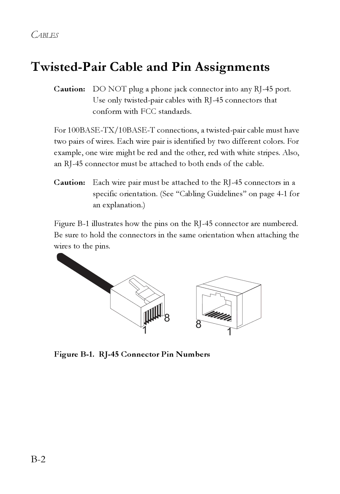 SMC Networks SMC8624T manual Twisted-Pair Cable and Pin Assignments, Figure B-1. RJ-45 Connector Pin Numbers 