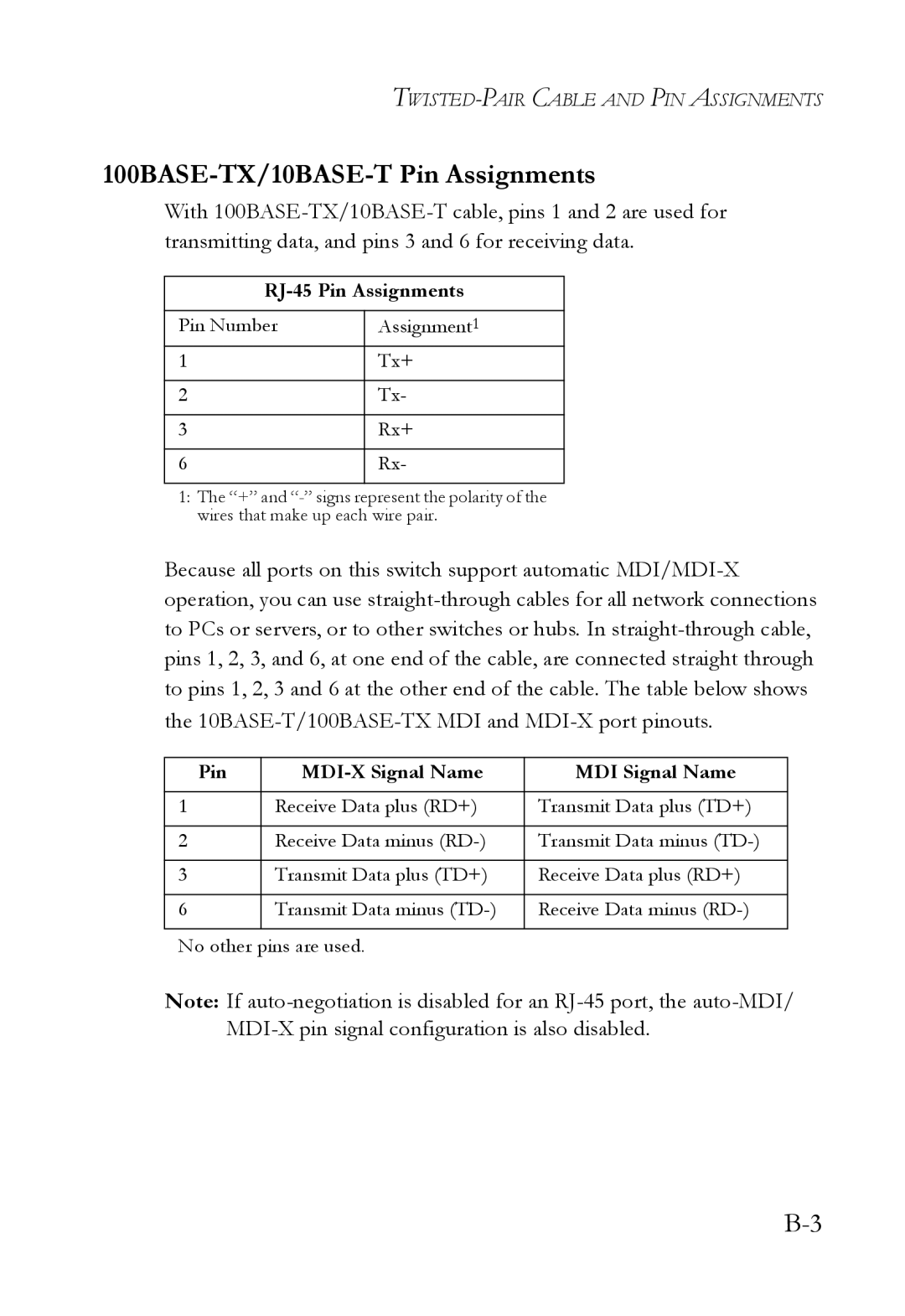 SMC Networks SMC8624T manual 100BASE-TX/10BASE-T Pin Assignments, RJ-45 Pin Assignments 