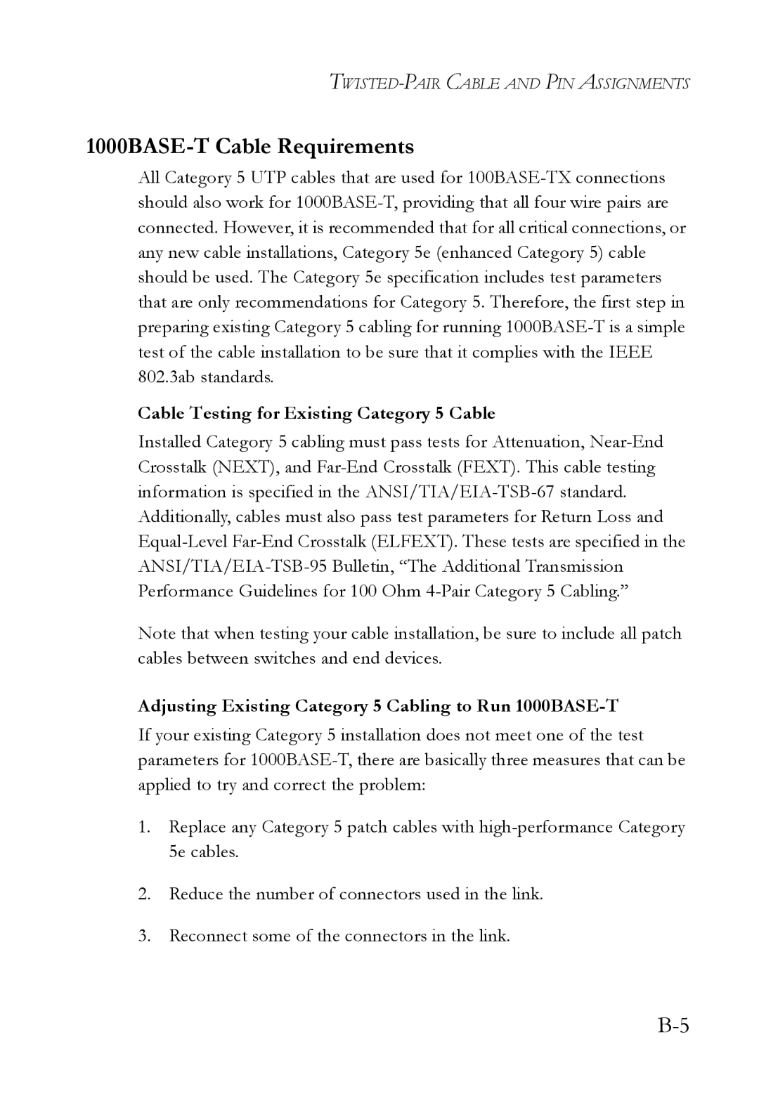 SMC Networks SMC8624T manual 1000BASE-T Cable Requirements, Cable Testing for Existing Category 5 Cable 