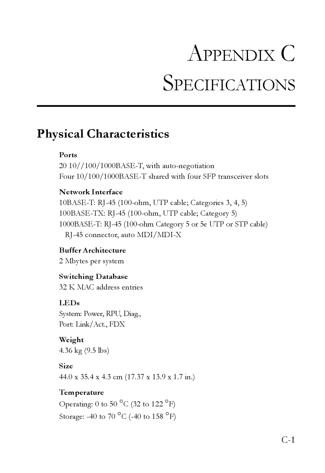 SMC Networks SMC8624T manual Appendix C Specifications, Physical Characteristics 