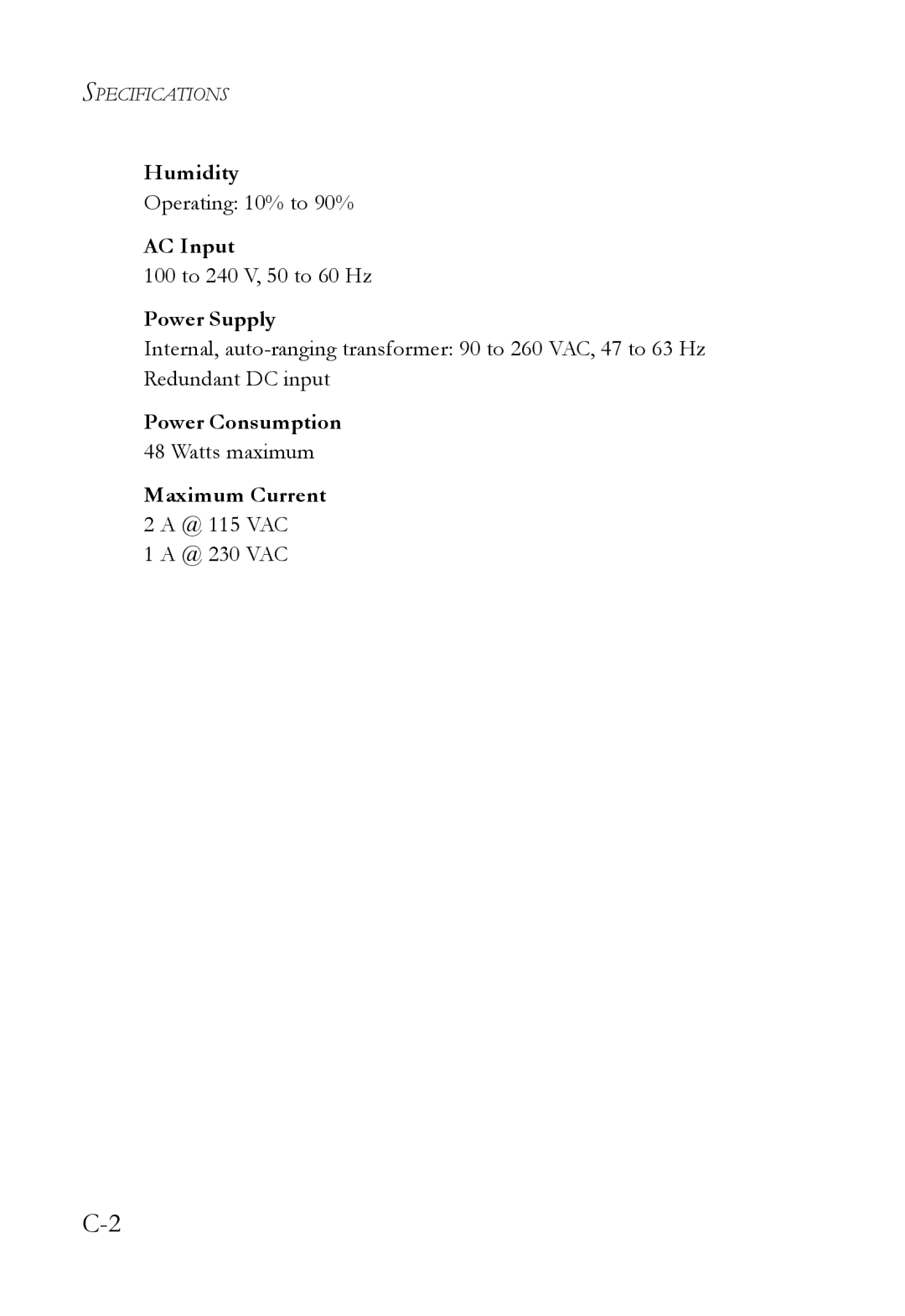 SMC Networks SMC8624T manual Humidity, AC Input, Power Supply, Power Consumption, Maximum Current 