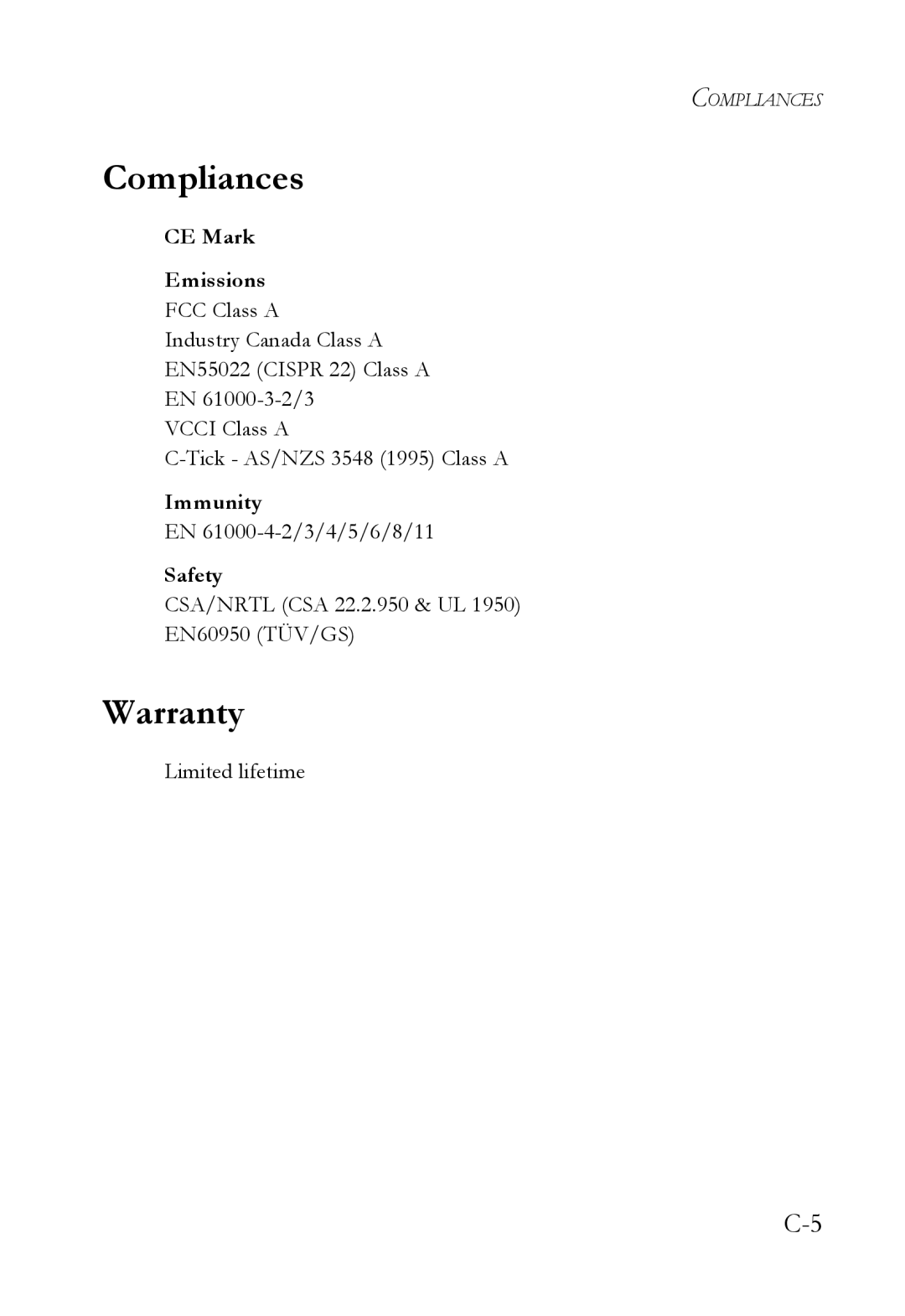 SMC Networks SMC8624T manual Compliances, Warranty, CE Mark Emissions, Immunity, Safety 