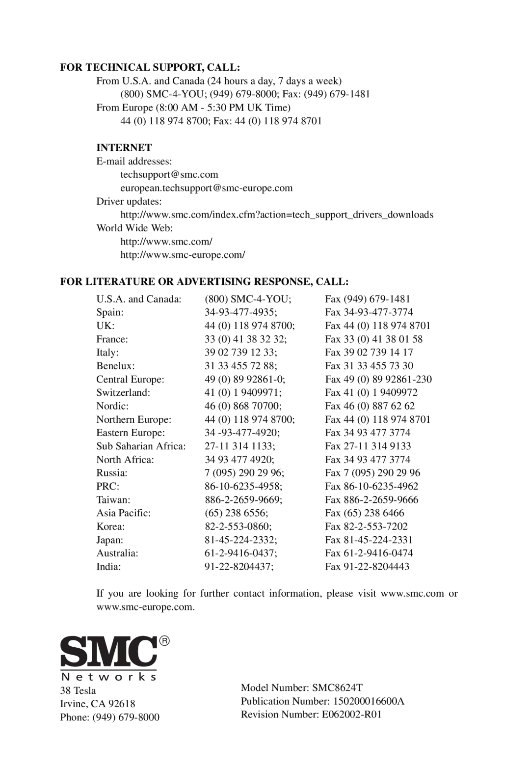 SMC Networks SMC8624T manual For Technical SUPPORT, Call 