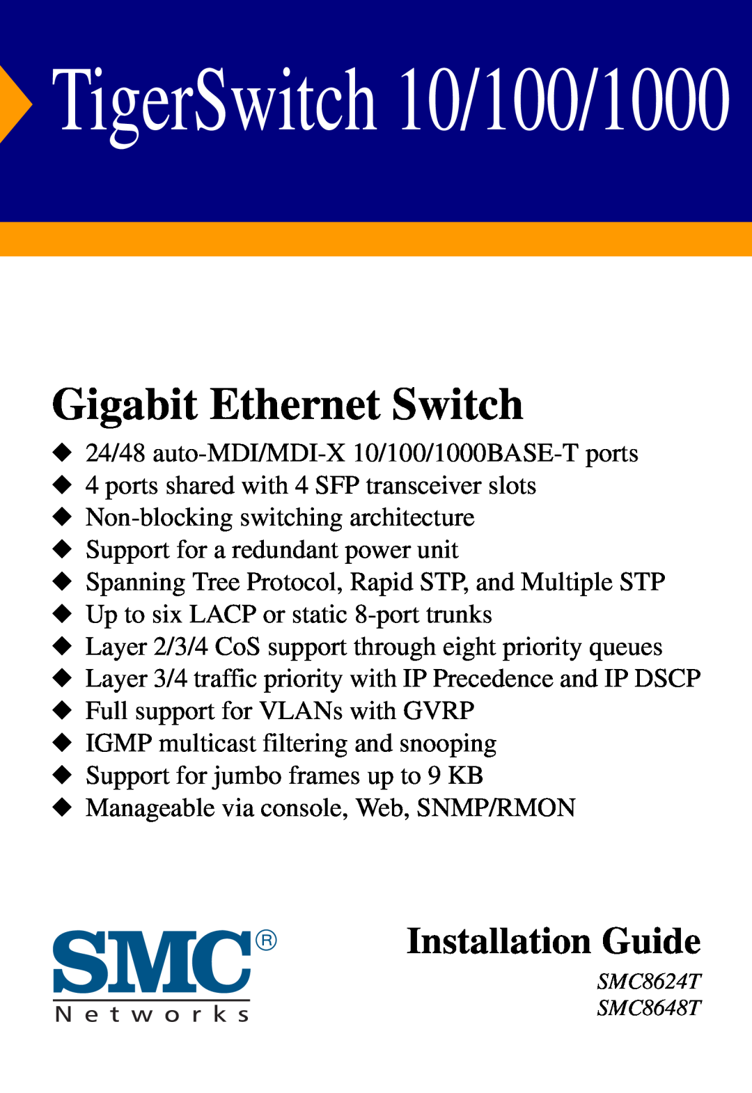SMC Networks SMC8624T manual Gigabit Ethernet Switch, TigerSwitch 10/100/1000, Installation Guide 