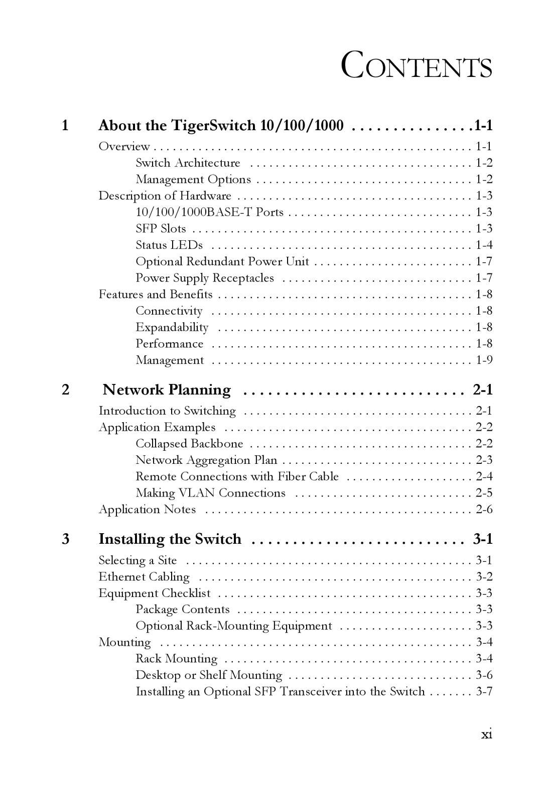 SMC Networks SMC8624T manual Contents, About the TigerSwitch 10/100/1000, Network Planning, Installing the Switch 