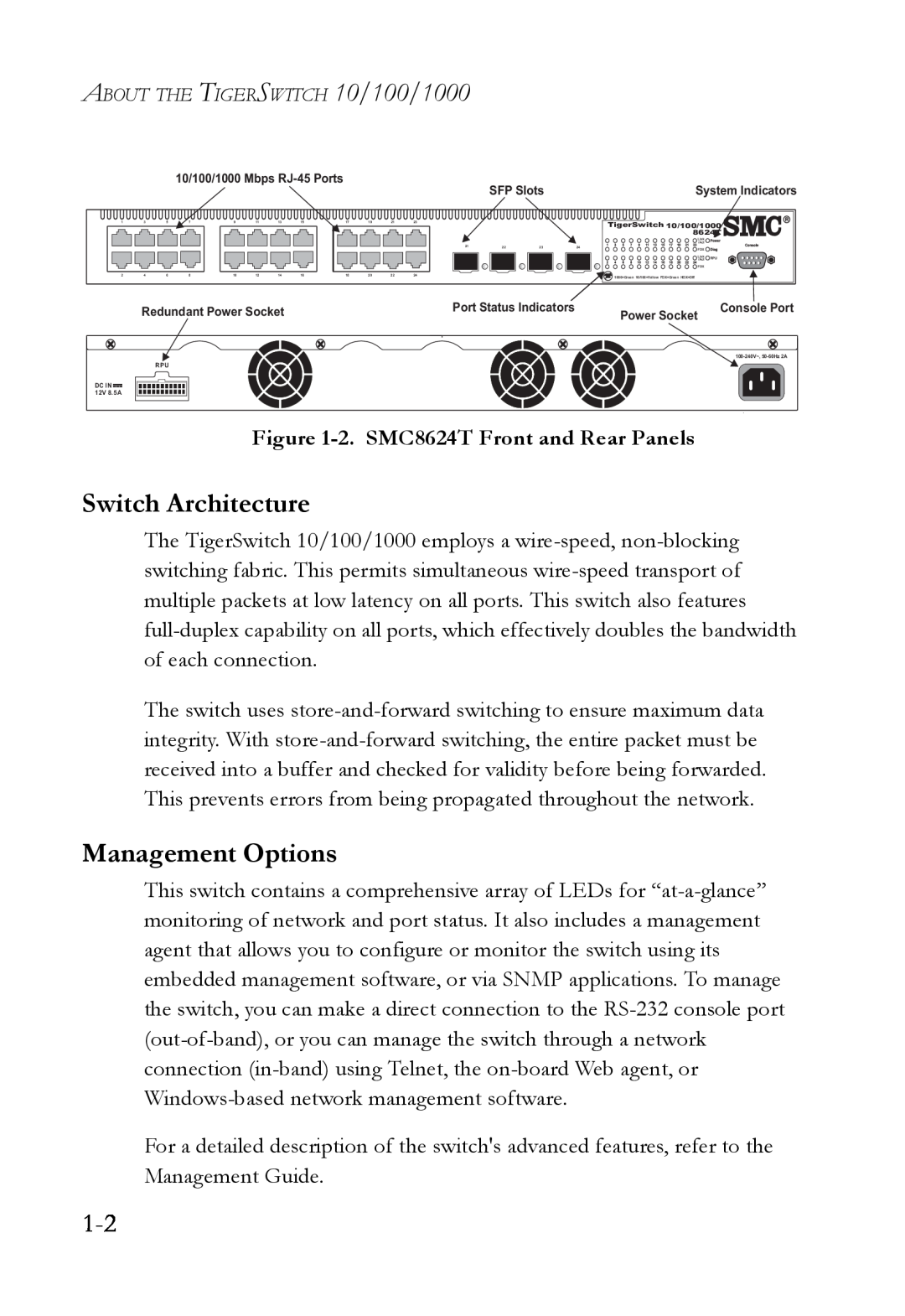 SMC Networks manual Switch Architecture, Management Options, 2. SMC8624T Front and Rear Panels 