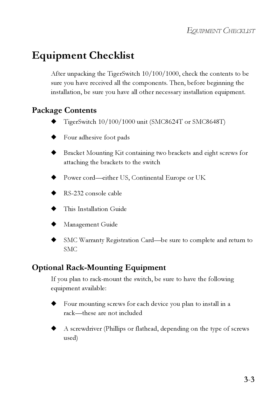 SMC Networks SMC8624T manual Equipment Checklist, Package Contents, Optional Rack-Mounting Equipment 