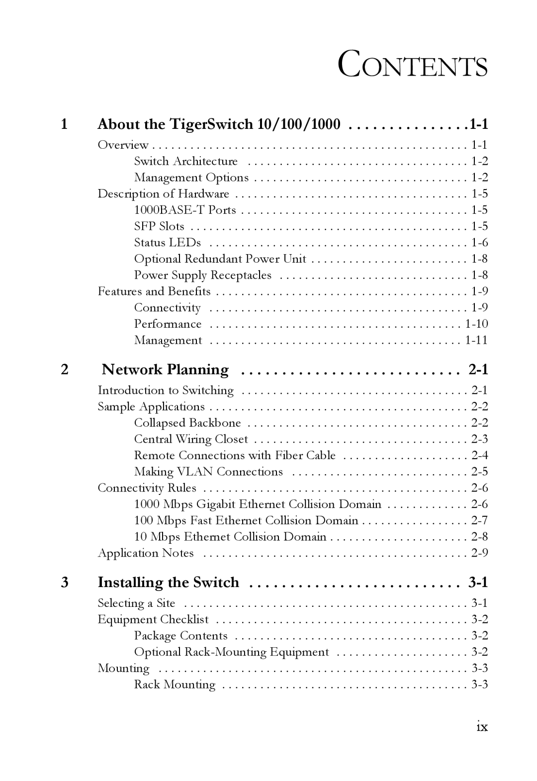 SMC Networks SMC8624T manual Contents, About the TigerSwitch 10/100/1000, Network Planning, Installing the Switch 
