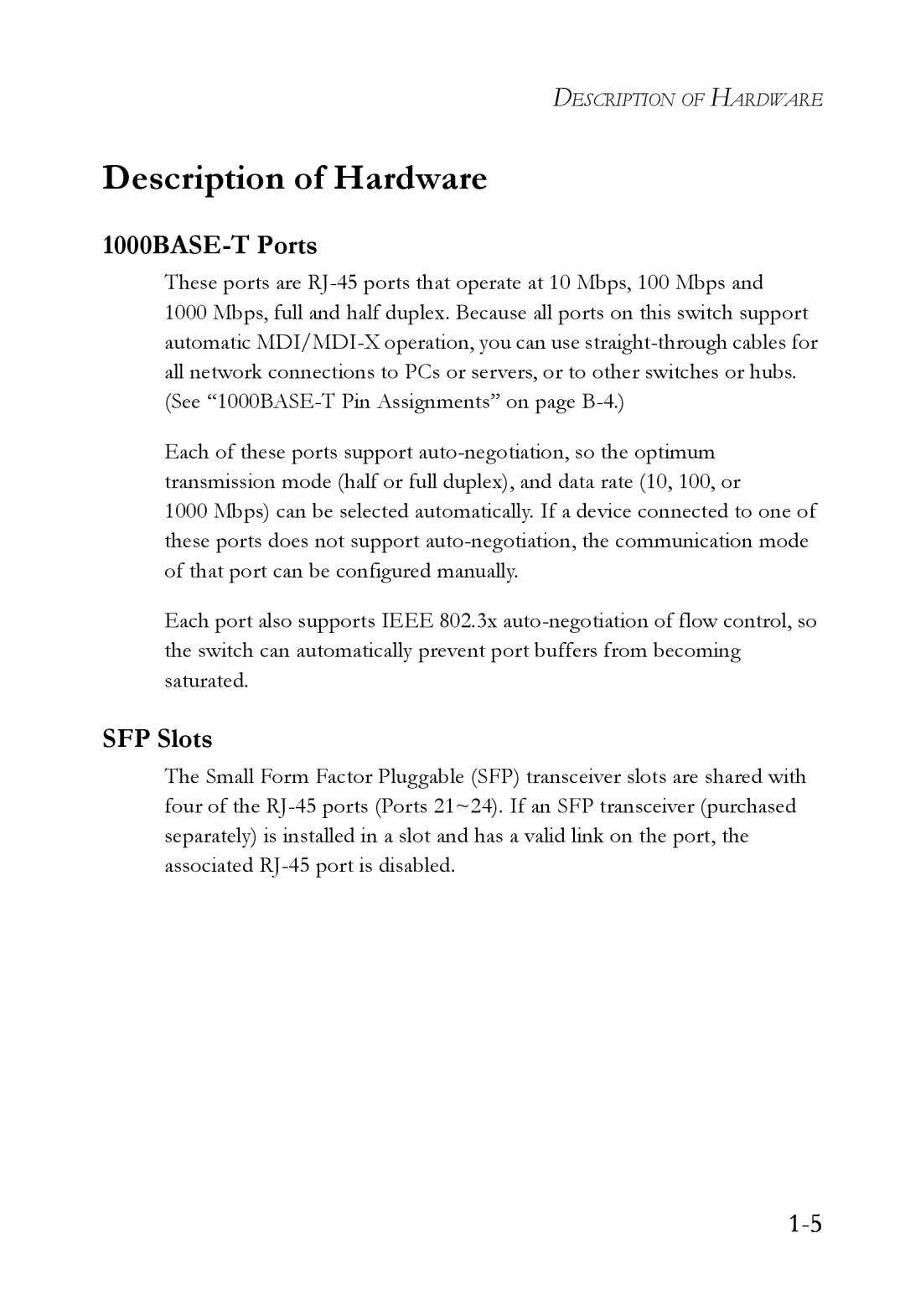 SMC Networks SMC8624T manual Description of Hardware, 1000BASE-T Ports, SFP Slots 