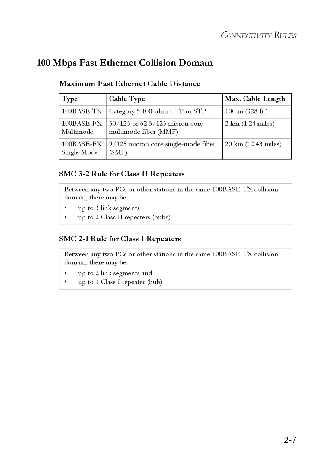 SMC Networks SMC8624T manual Mbps Fast Ethernet Collision Domain, Maximum Fast Ethernet Cable Distance 