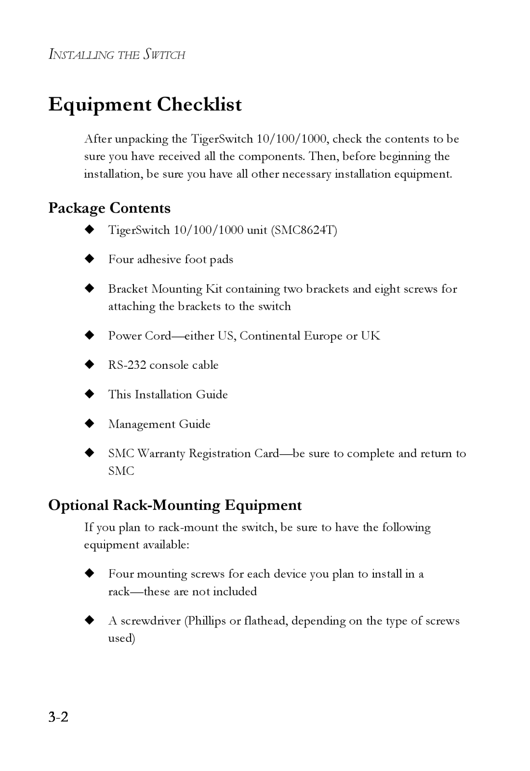 SMC Networks SMC8624T manual Equipment Checklist, Package Contents, Optional Rack-Mounting Equipment 