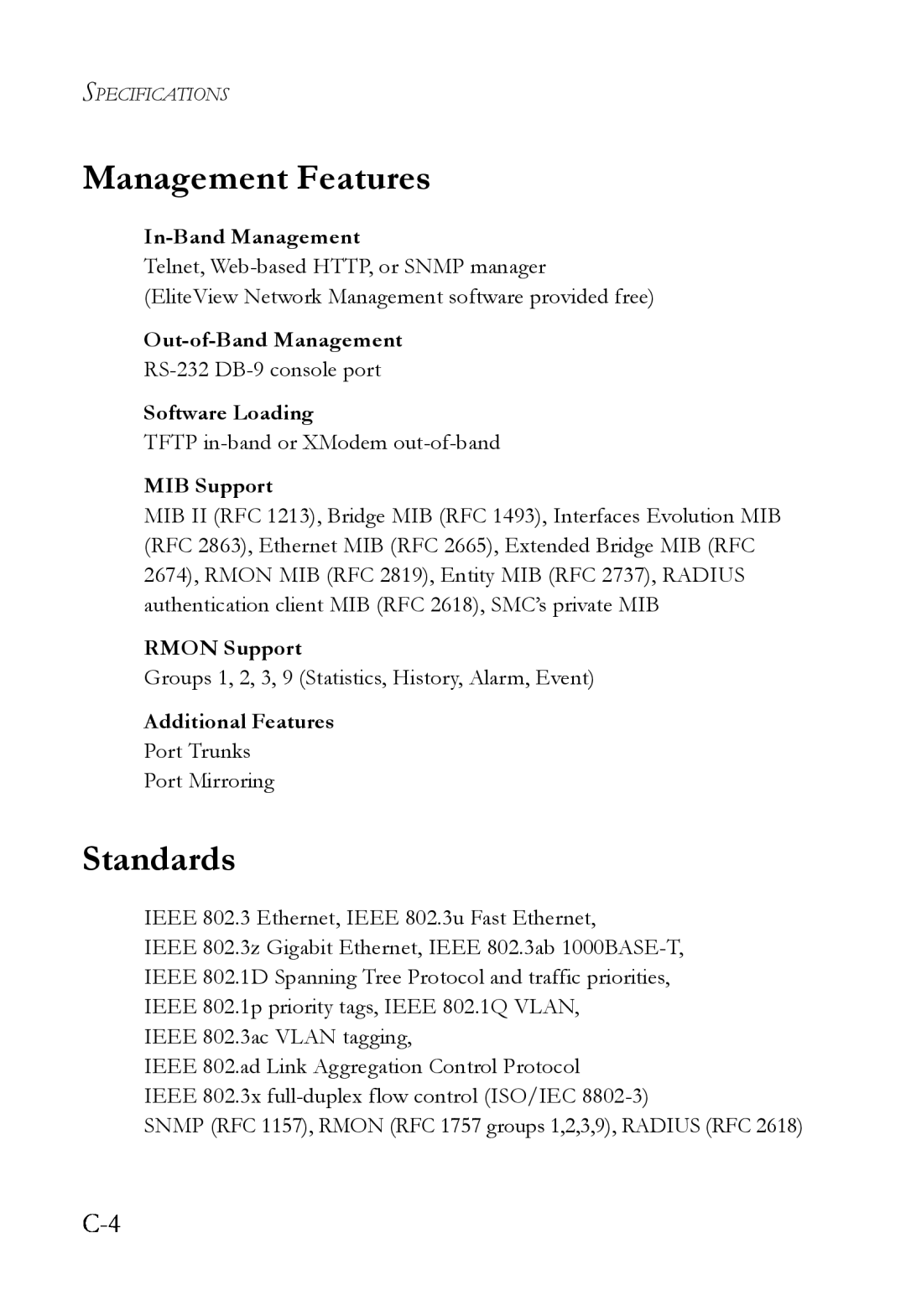 SMC Networks SMC8624T manual Management Features, Standards, In-Band Management, Out-of-Band Management, Software Loading 