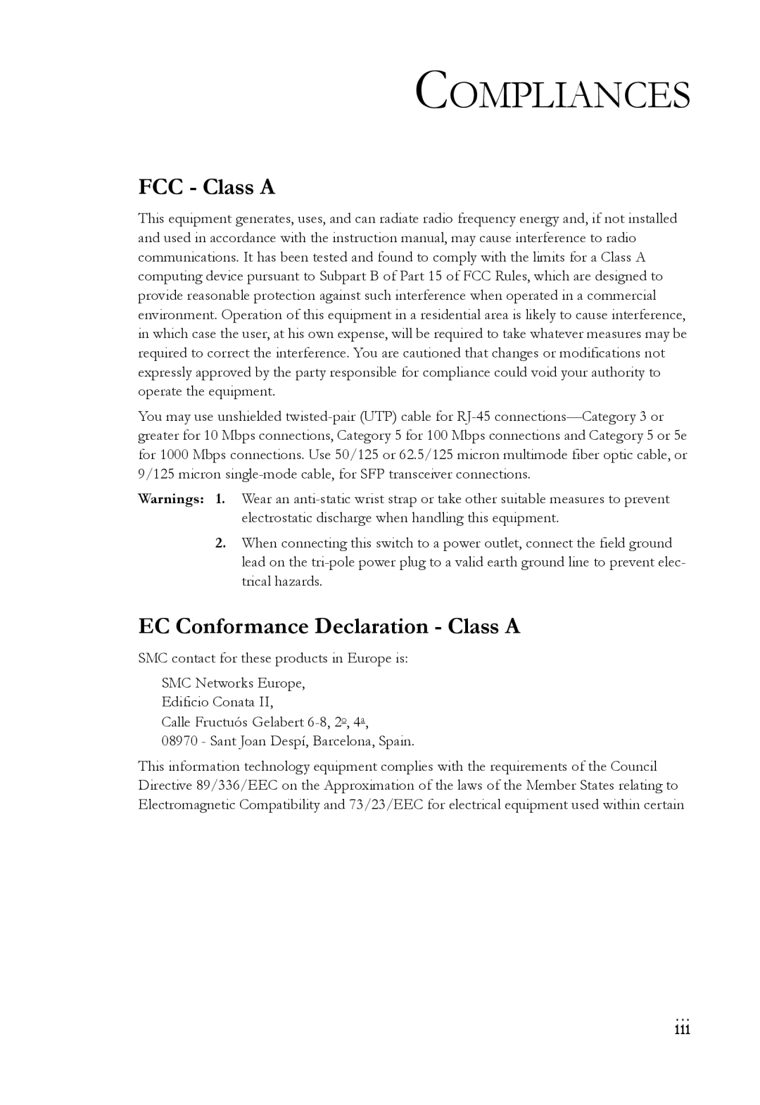 SMC Networks SMC8624T manual Compliances, FCC - Class A, EC Conformance Declaration - Class A 