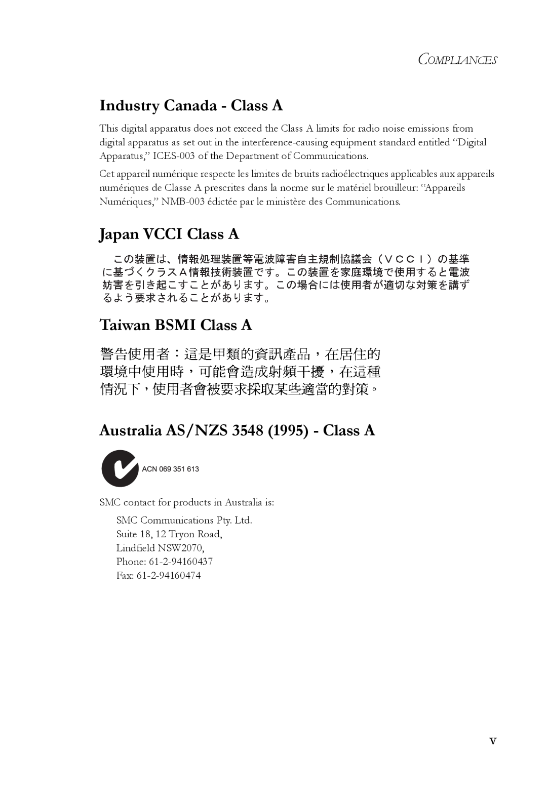 SMC Networks SMC8624T manual Industry Canada - Class A, Japan VCCI Class A Taiwan BSMI Class A, Compliances 