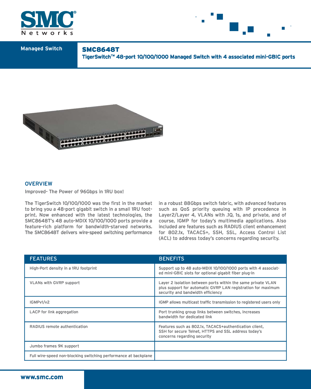 SMC Networks SMC8648T manual Managed Switch, Overview, Features, Benefits, Improved- The Power of 96Gbps in 1RU box 