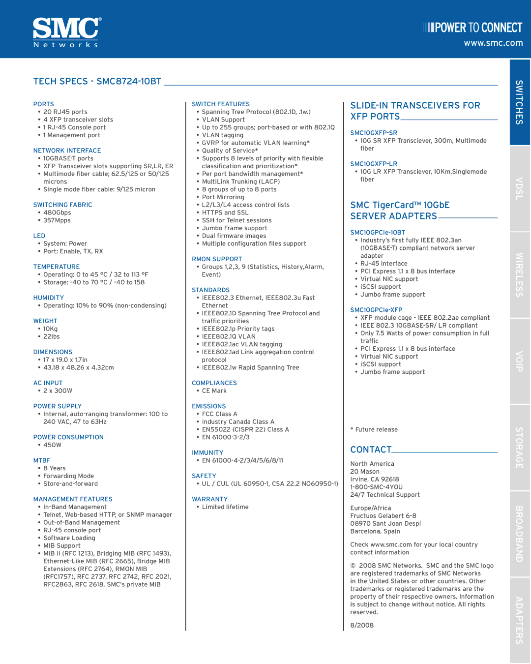 SMC Networks manual Tech Specs SMC8724-10BT, SLIDE-IN Transceivers for XFP Ports, Server Adapters, Contact 