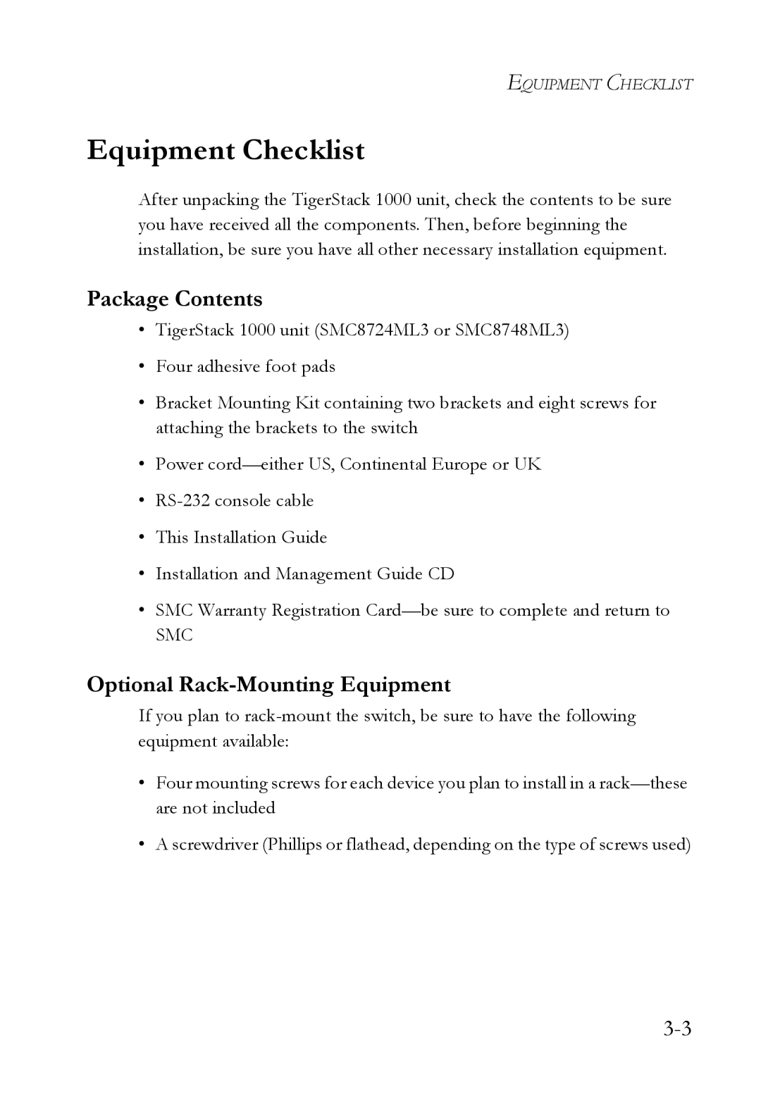 SMC Networks SMC8748ML3, SMC8724ML3 manual Equipment Checklist, Package Contents, Optional Rack-Mounting Equipment 