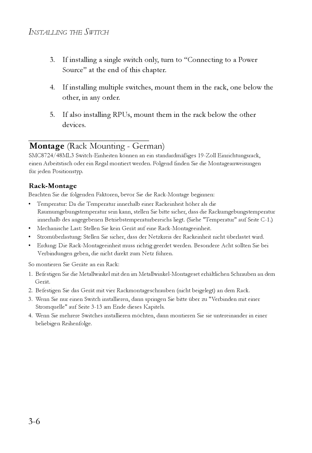 SMC Networks SMC8724ML3, SMC8748ML3 manual Montage Rack Mounting German, Rack-Montage 