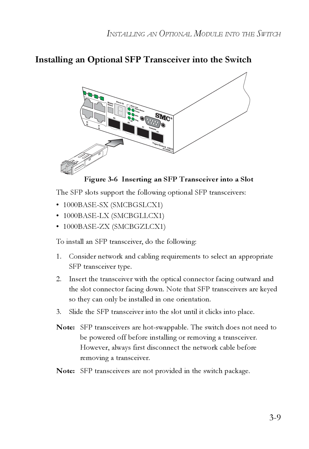 SMC Networks SMC8748ML3 Installing an Optional SFP Transceiver into the Switch, Inserting an SFP Transceiver into a Slot 