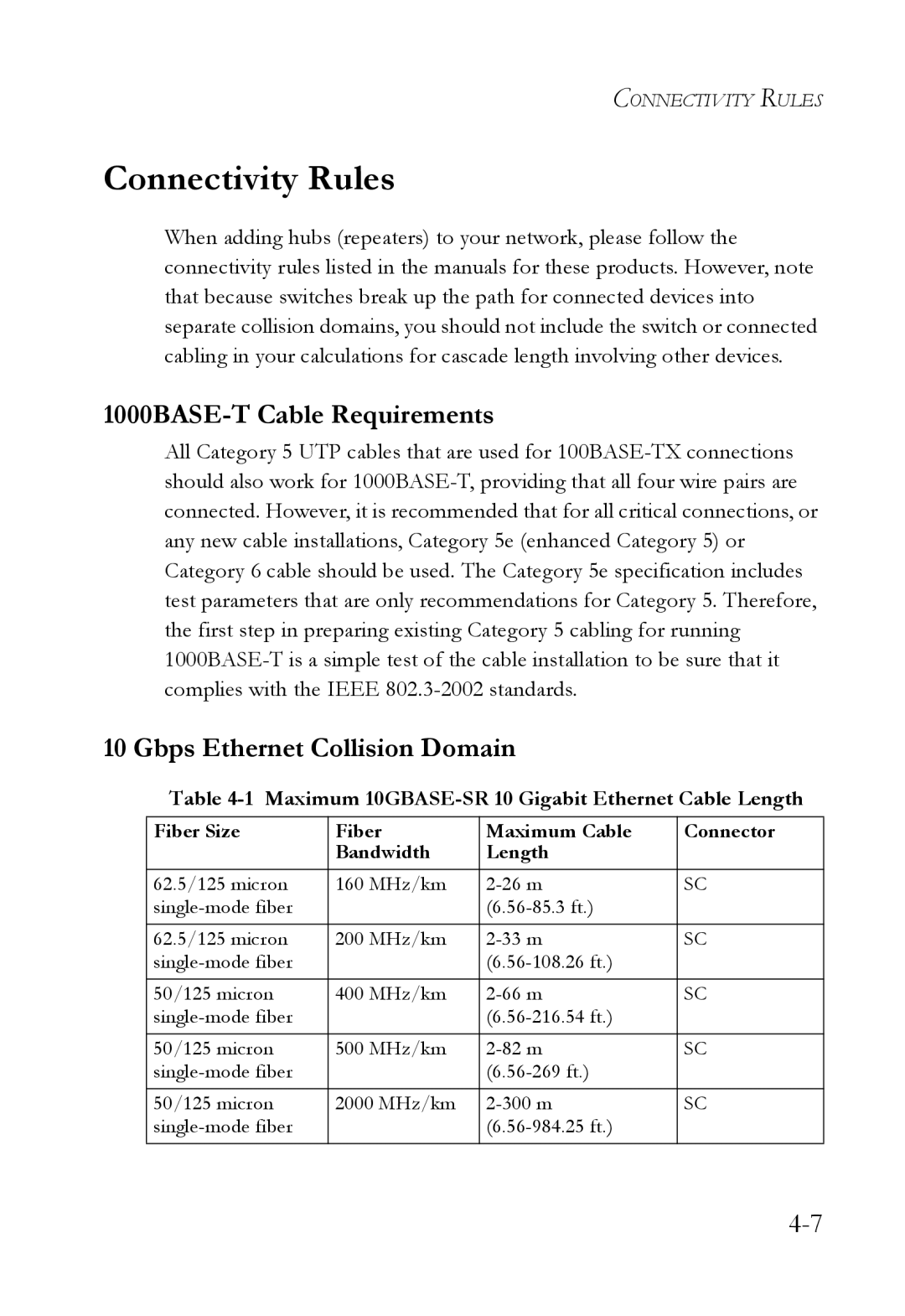 SMC Networks SMC8748ML3, SMC8724ML3 manual Connectivity Rules, 1000BASE-T Cable Requirements, Gbps Ethernet Collision Domain 