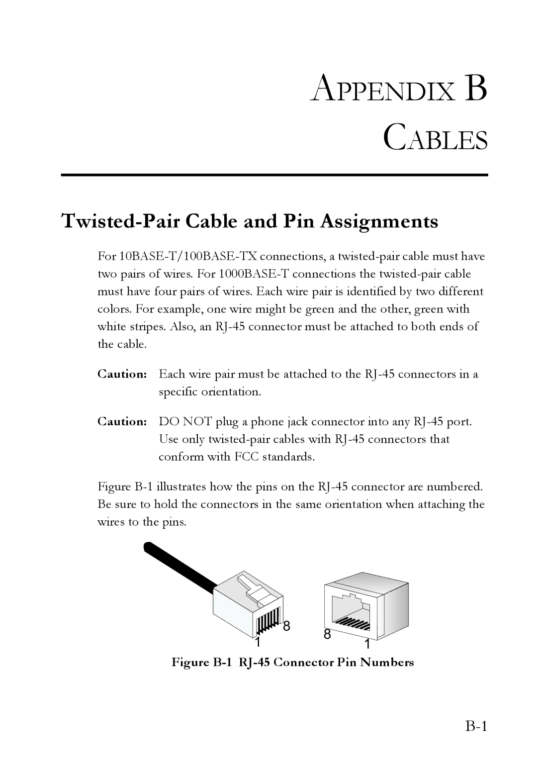 SMC Networks SMC8748ML3, SMC8724ML3 manual Appendix B Cables, Twisted-Pair Cable and Pin Assignments 