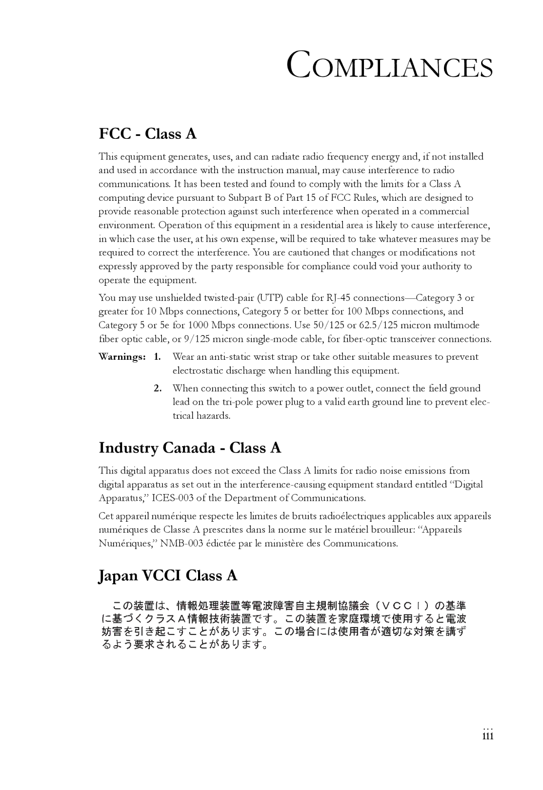 SMC Networks SMC8748ML3, SMC8724ML3 manual Compliances, FCC Class a, Industry Canada Class a, Japan Vcci Class a, Iii 