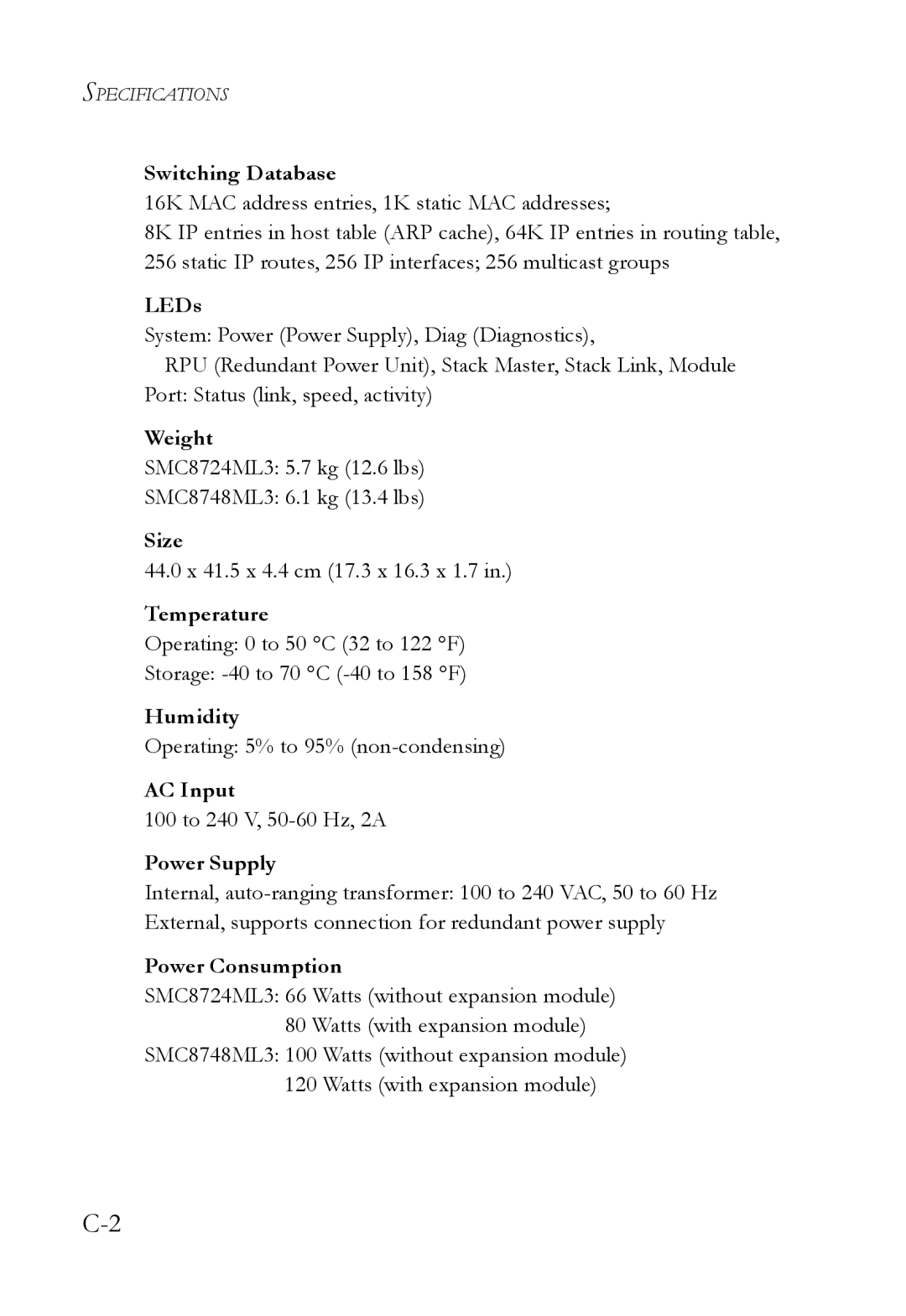 SMC Networks SMC8724ML3, SMC8748ML3 Switching Database, LEDs, Weight, Size, Temperature, Humidity, AC Input, Power Supply 