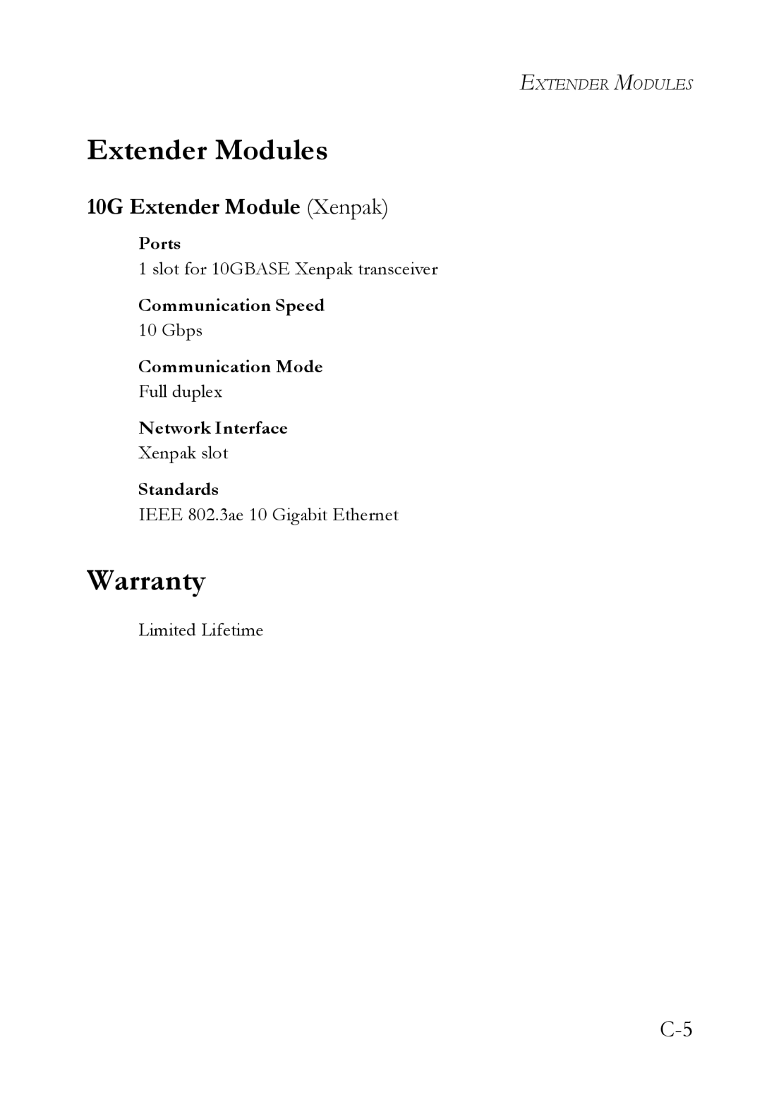 SMC Networks SMC8748ML3, SMC8724ML3 manual Extender Modules, Warranty, 10G Extender Module Xenpak 