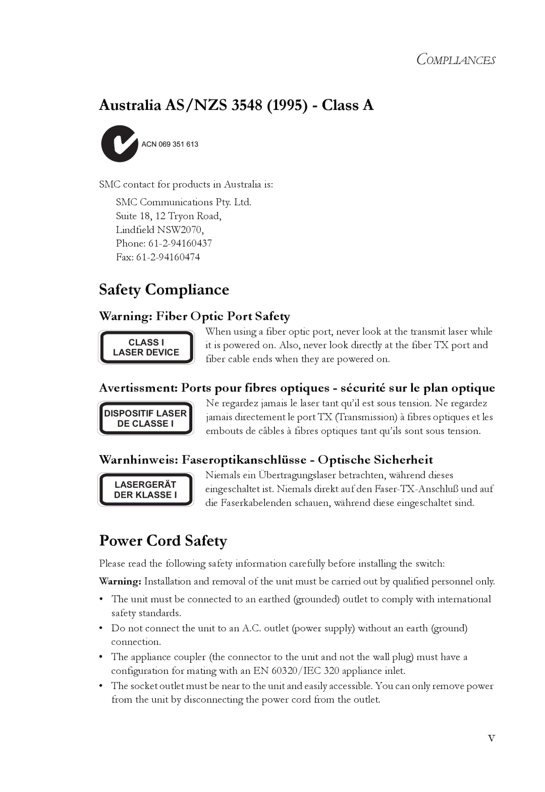 SMC Networks SMC8748ML3, SMC8724ML3 manual Australia AS/NZS 3548 1995 Class a, Safety Compliance, Power Cord Safety 