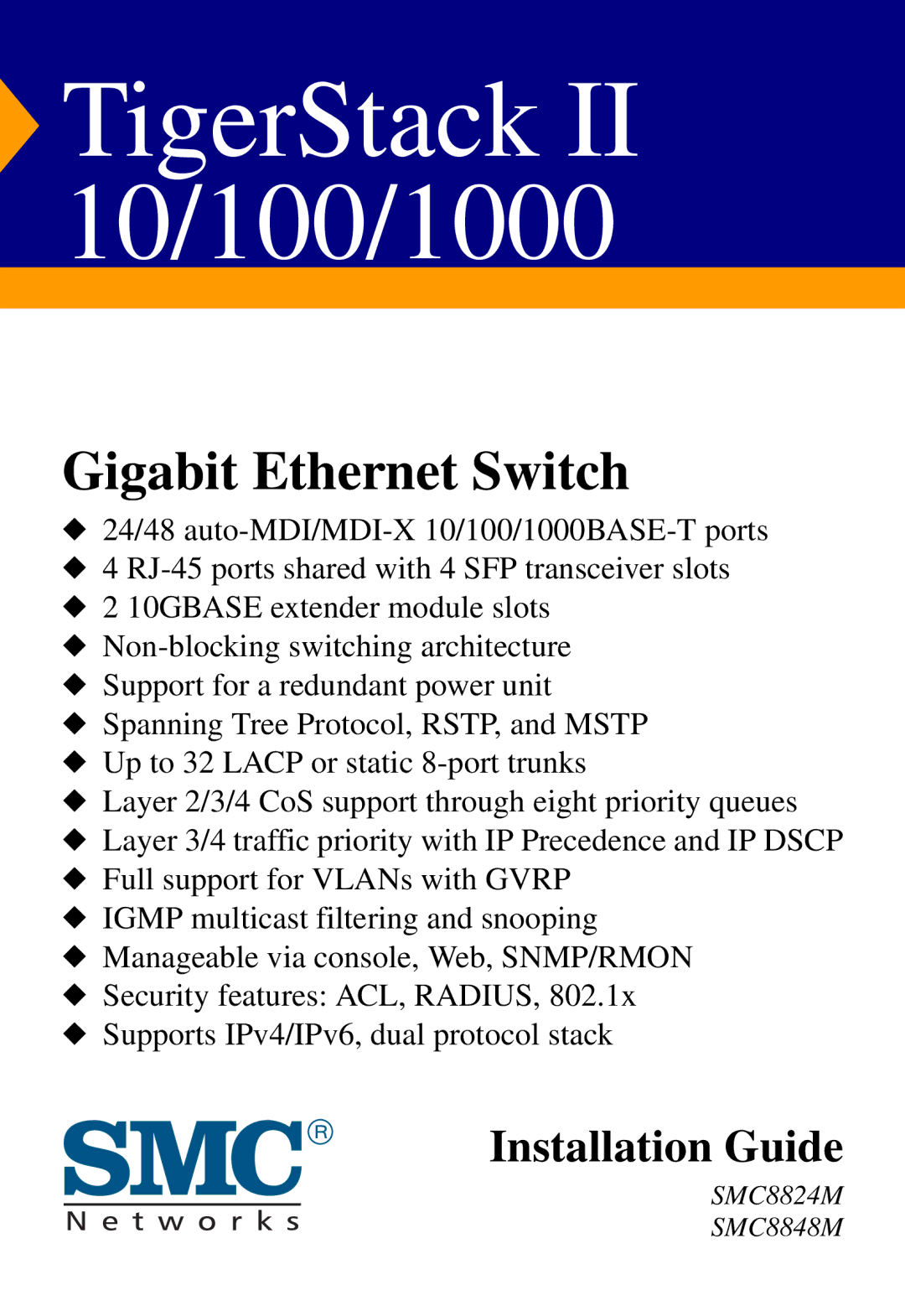 SMC Networks SMC8848M manual TigerStack II 10/100/1000 