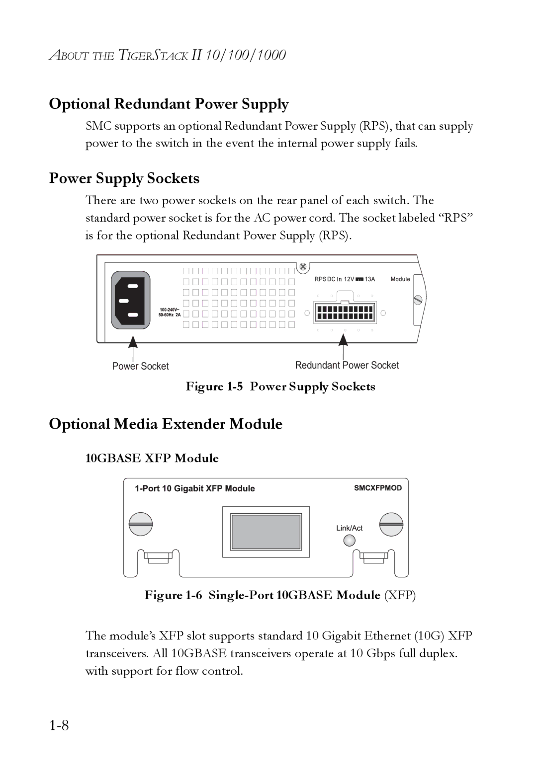 SMC Networks SMC8848M manual Optional Redundant Power Supply, Power Supply Sockets, Optional Media Extender Module 