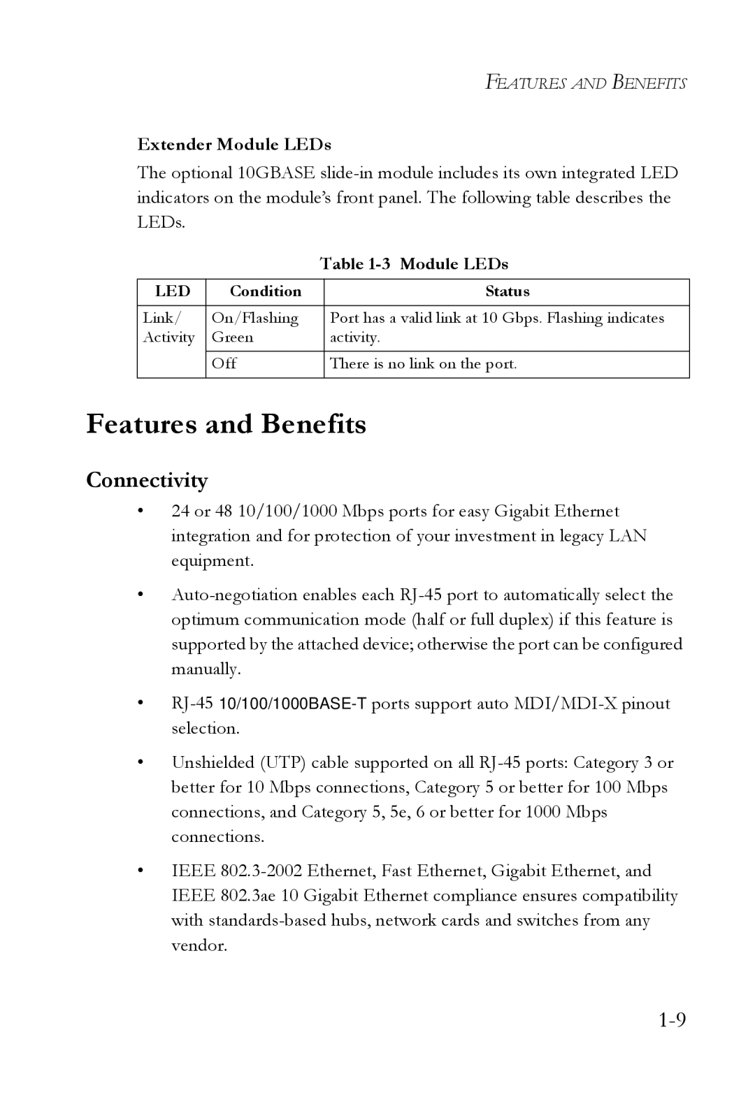 SMC Networks SMC8848M manual Features and Benefits, Connectivity, Extender Module LEDs 