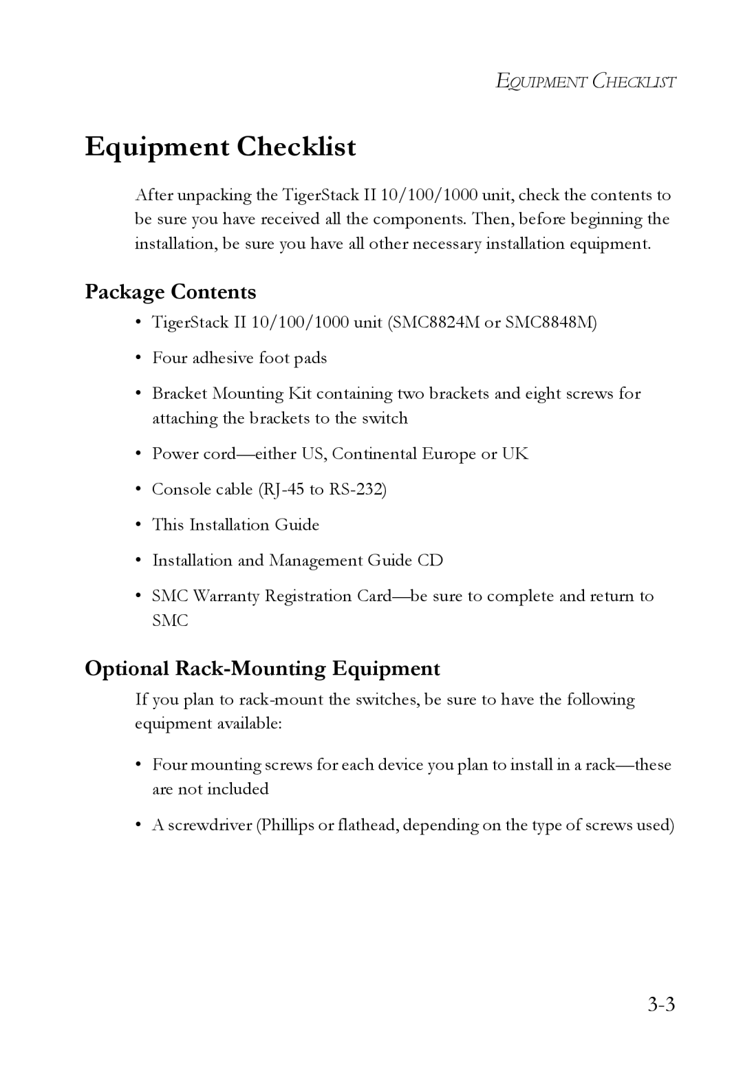 SMC Networks SMC8848M manual Equipment Checklist, Package Contents, Optional Rack-Mounting Equipment 