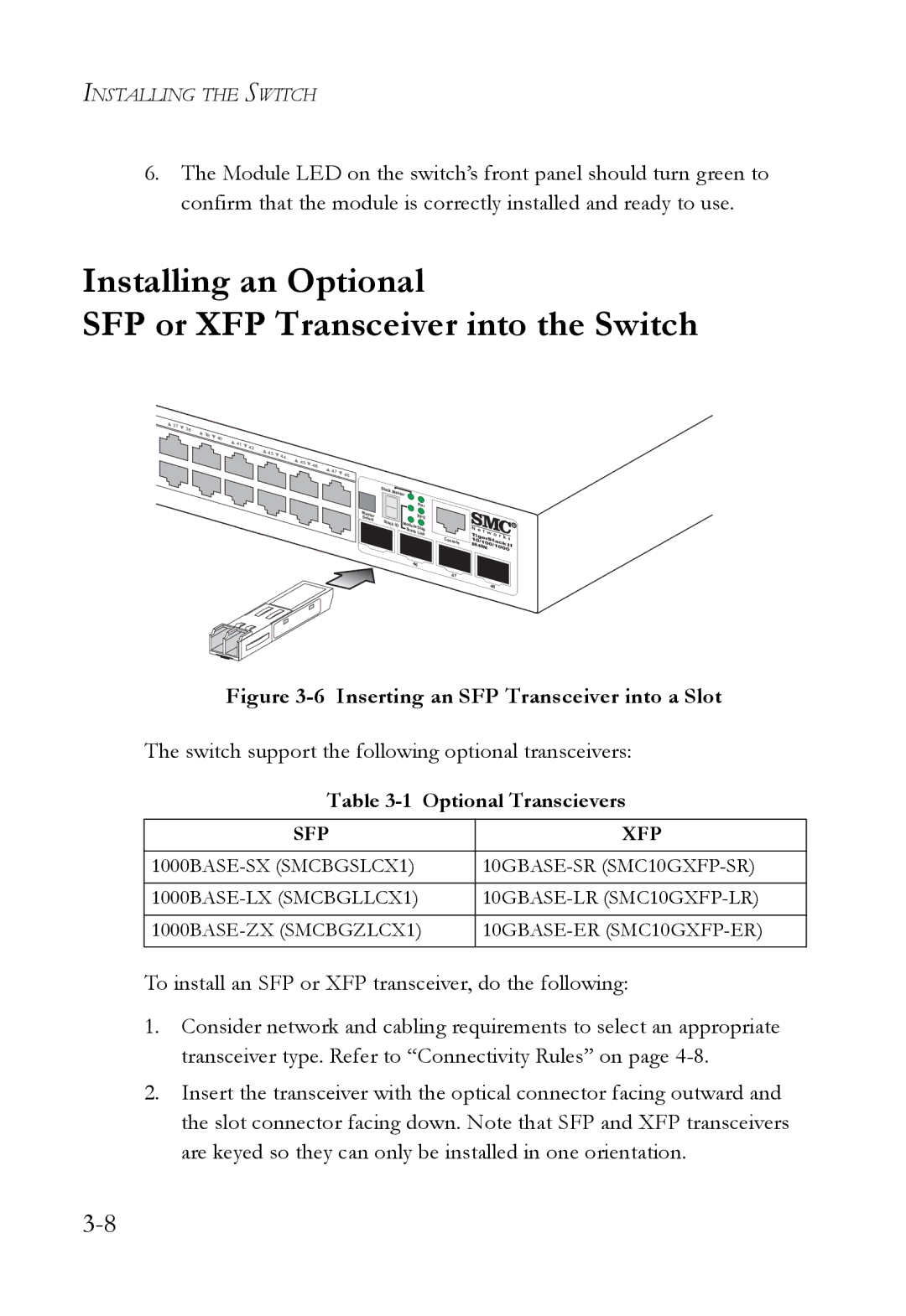 SMC Networks SMC8848M manual Inserting an SFP Transceiver into a Slot, Optional Transcievers 