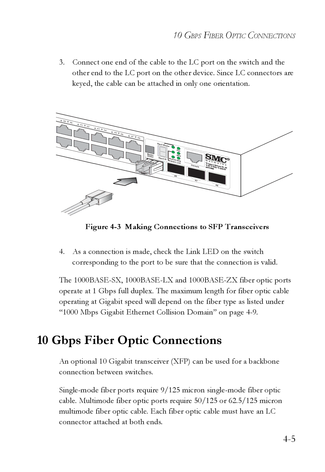 SMC Networks SMC8848M manual Gbps Fiber Optic Connections, Making Connections to SFP Transceivers 