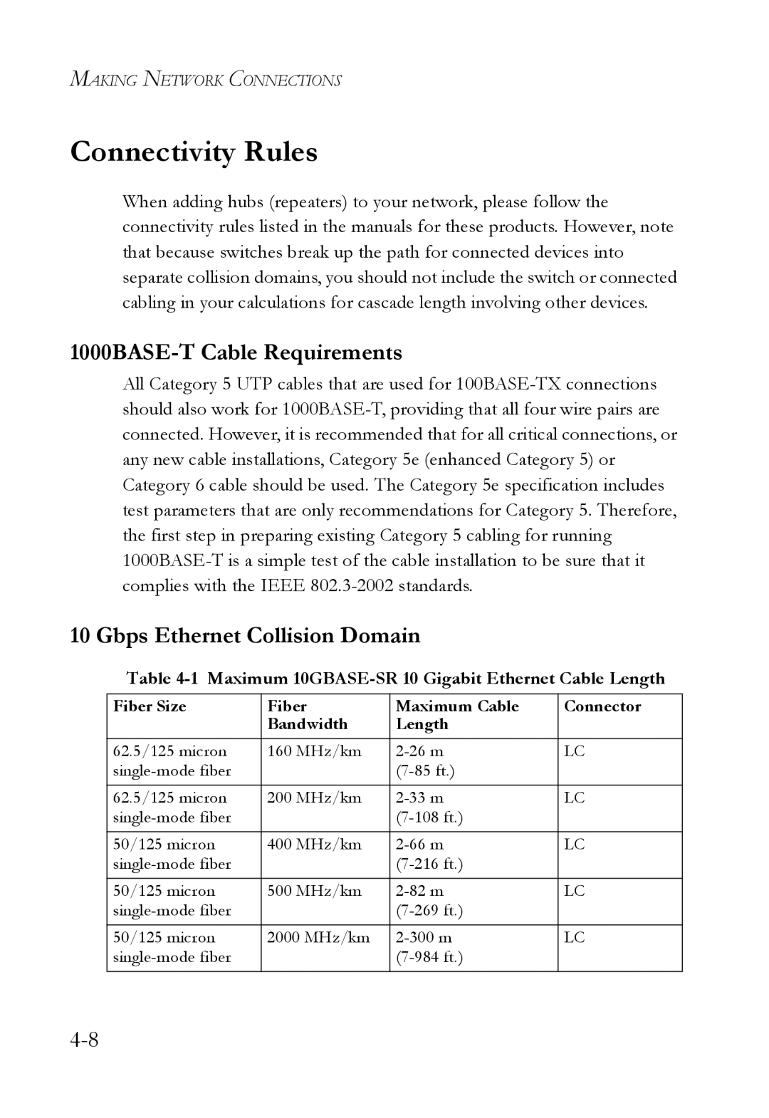 SMC Networks SMC8848M manual Connectivity Rules, 1000BASE-T Cable Requirements, Gbps Ethernet Collision Domain 