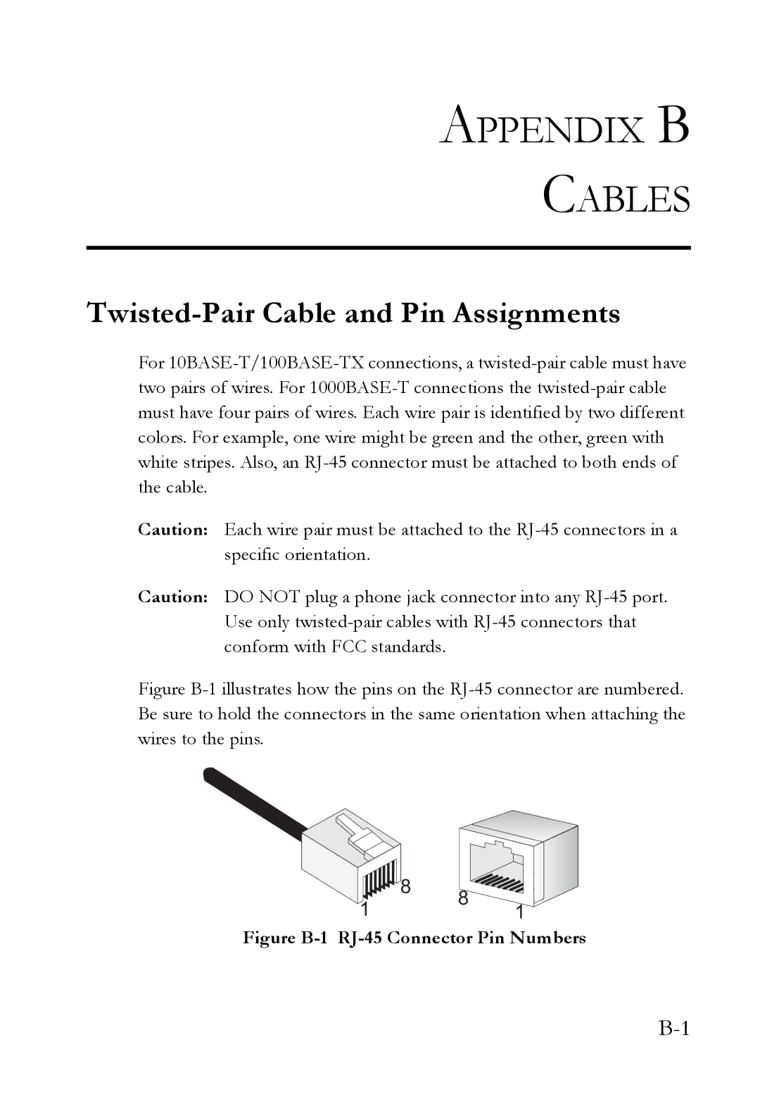 SMC Networks SMC8848M manual Appendix B Cables, Twisted-Pair Cable and Pin Assignments 