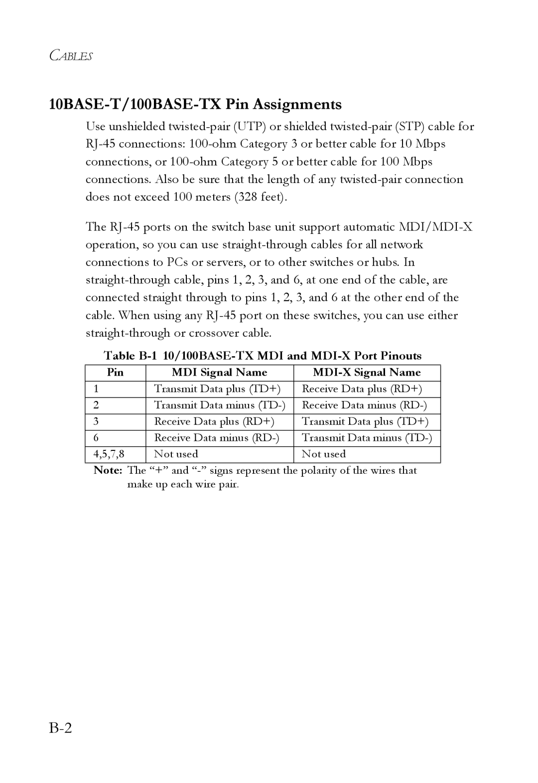 SMC Networks SMC8848M manual 10BASE-T/100BASE-TX Pin Assignments, Table B-1 10/100BASE-TX MDI and MDI-X Port Pinouts 