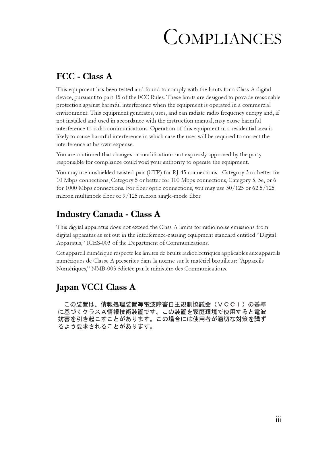 SMC Networks SMC8848M manual Compliances, FCC Class a, Industry Canada Class a, Japan Vcci Class a, Iii 