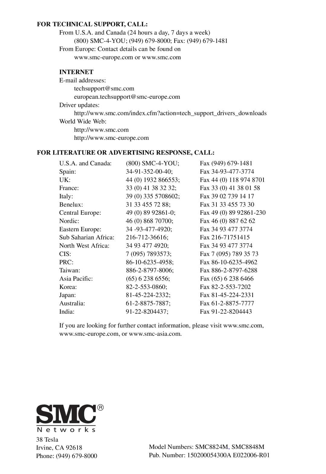 SMC Networks SMC8848M manual For Technical SUPPORT, Call 