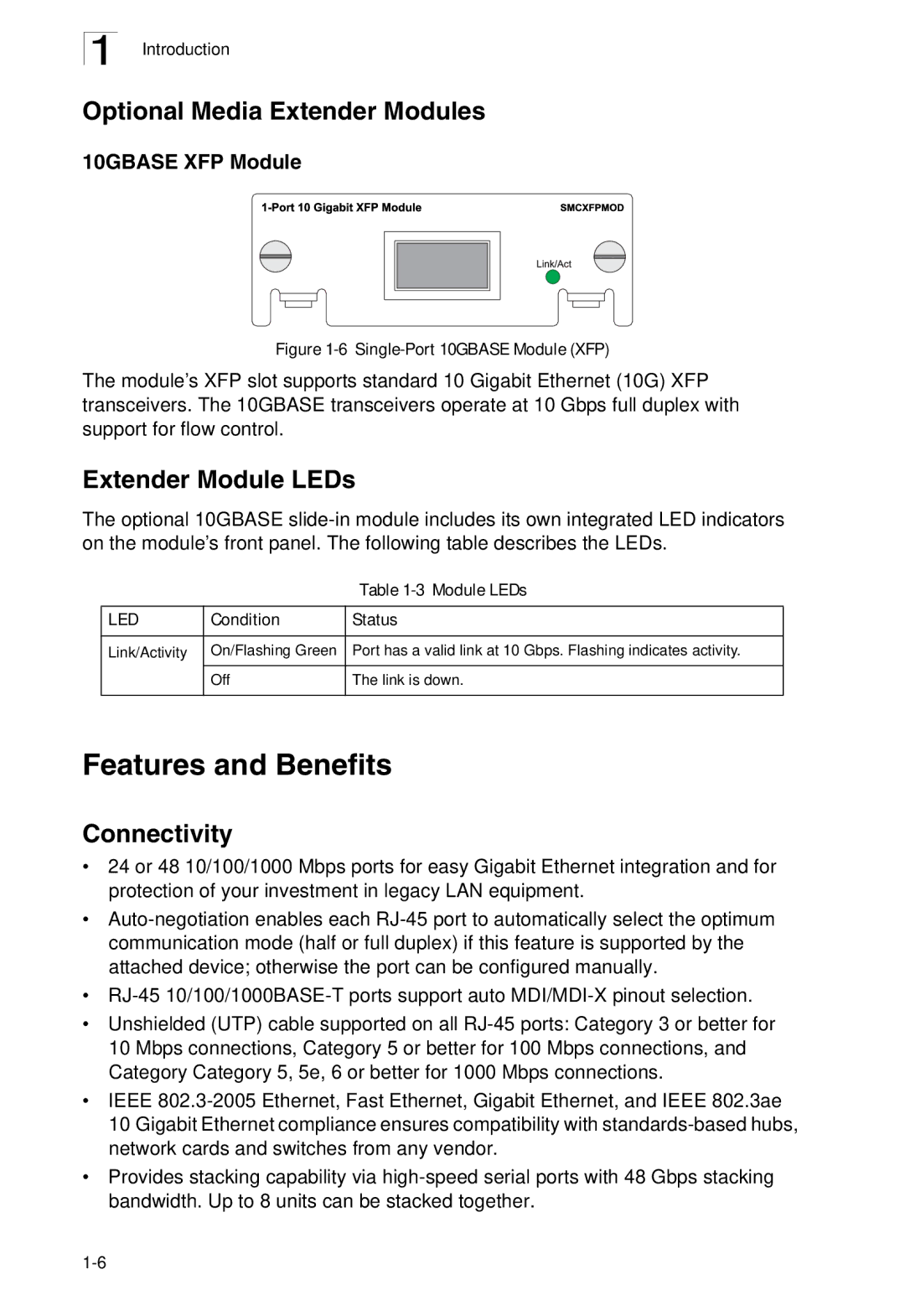 SMC Networks SMC8926EM manual Features and Benefits, Optional Media Extender Modules, Extender Module LEDs, Connectivity 