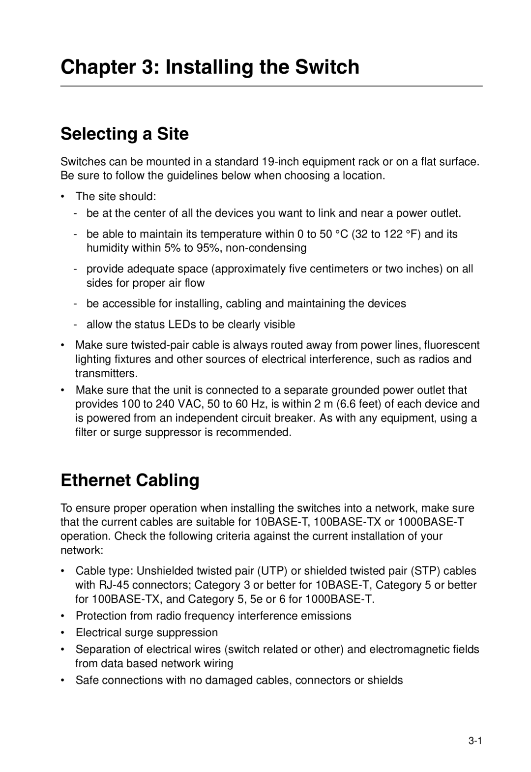 SMC Networks SMC8950EM, SMC8926EM manual Installing the Switch, Selecting a Site, Ethernet Cabling 