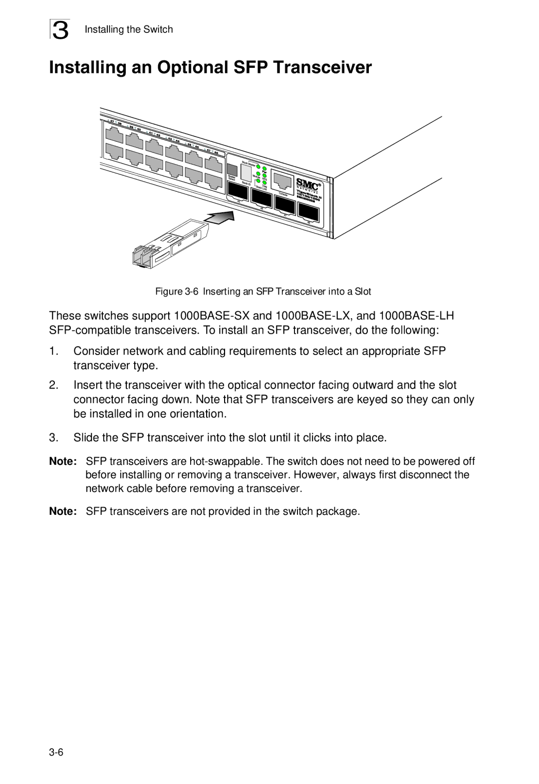 SMC Networks SMC8926EM, SMC8950EM manual Installing an Optional SFP Transceiver, Inserting an SFP Transceiver into a Slot 