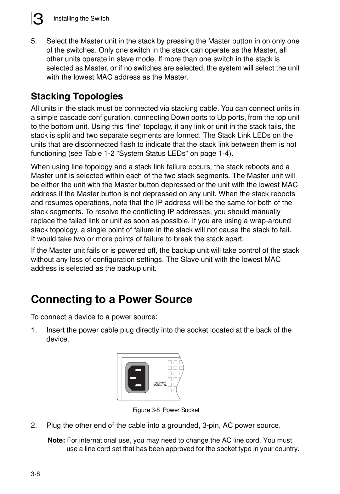 SMC Networks SMC8926EM, SMC8950EM manual Connecting to a Power Source, Stacking Topologies 