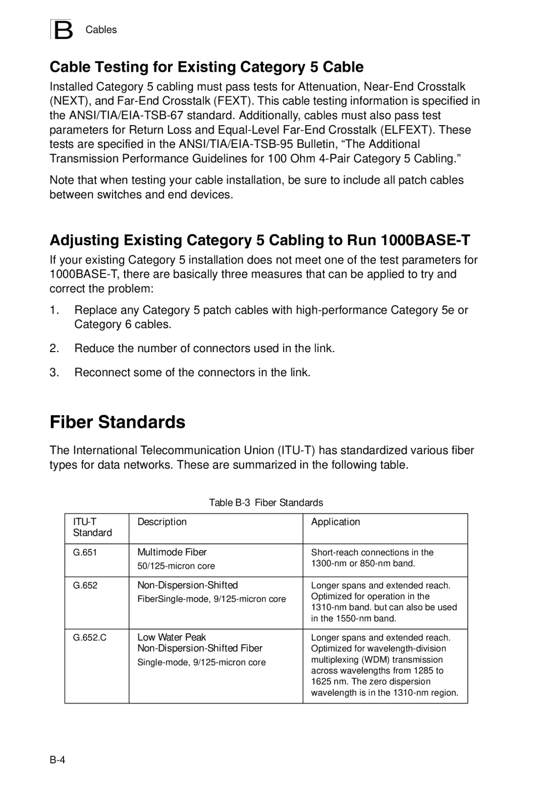 SMC Networks SMC8926EM, SMC8950EM manual Fiber Standards, Cable Testing for Existing Category 5 Cable 